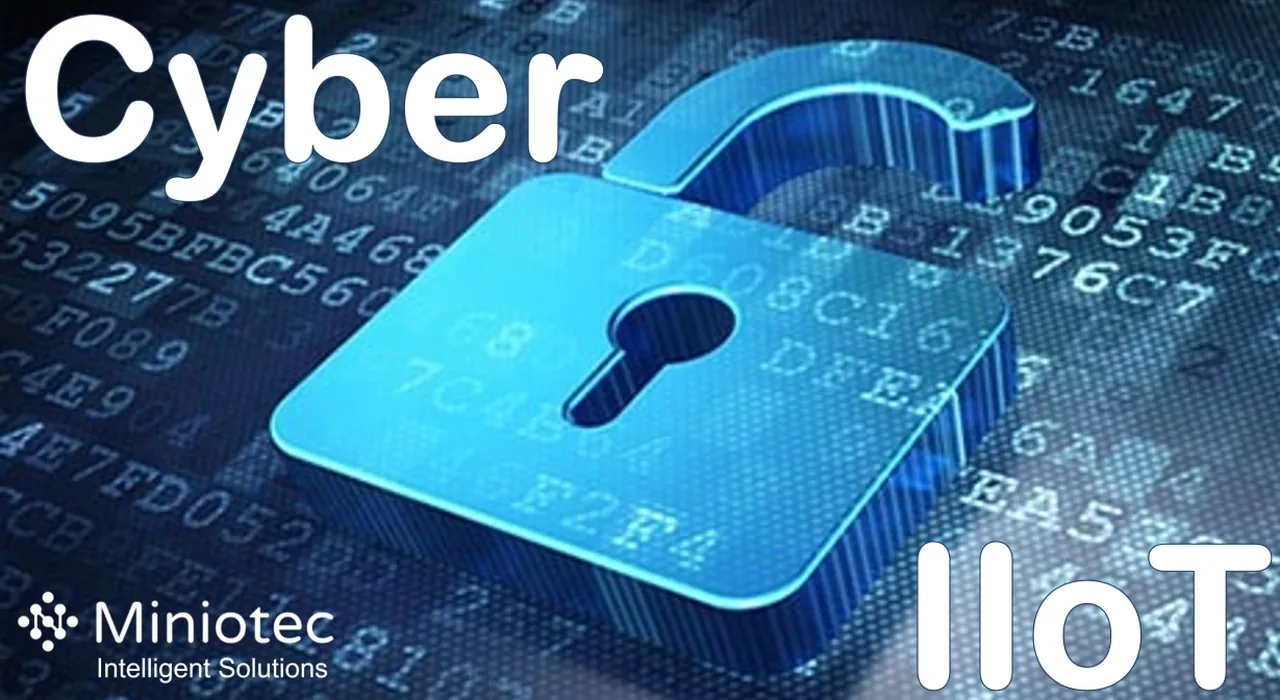 Cyber security and IIoT solutions banner: a glowing padlock over a field of binary data - Miniotec