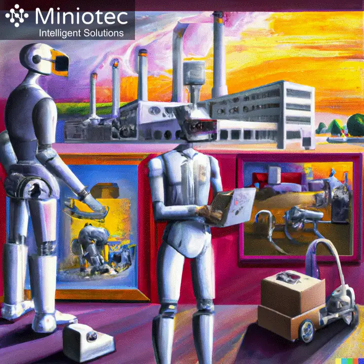 DALL·E photorealism impression of Industry 5.0 with robots and humans collaborating in a factory - Miniotec