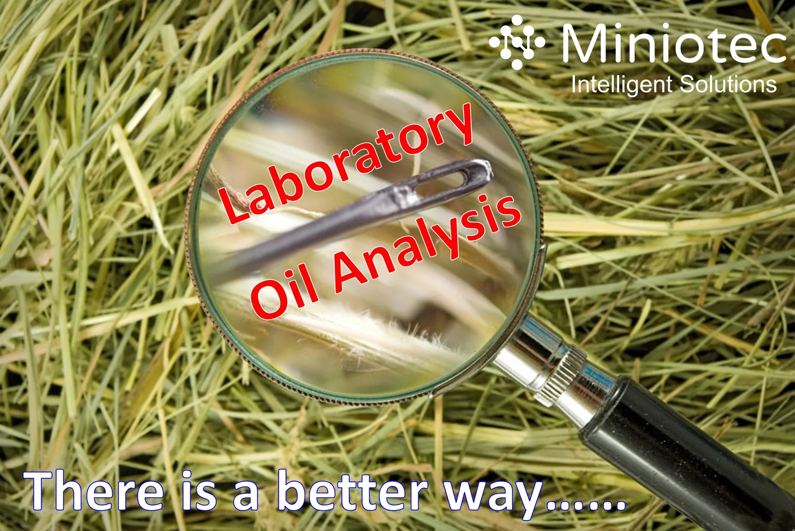A magnifying glass over a haystack revealing a single needle, captioned Laboratory Oil Analysis, with the line There is a better way - Miniotec