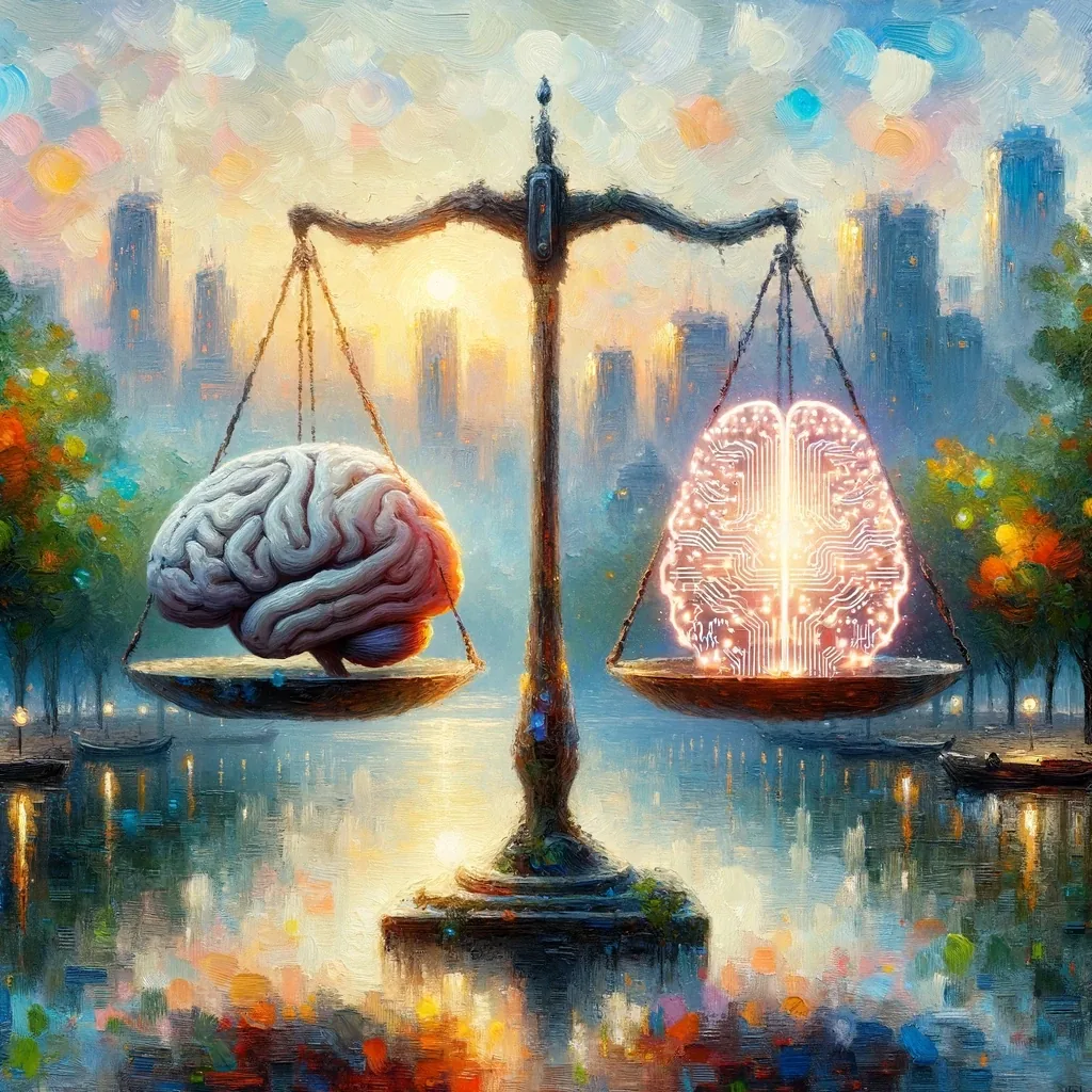 An impressionistic blend of human and artificial intelligence knowledge set in a serene dawn park, representing Miniotec's ethical approach to AI