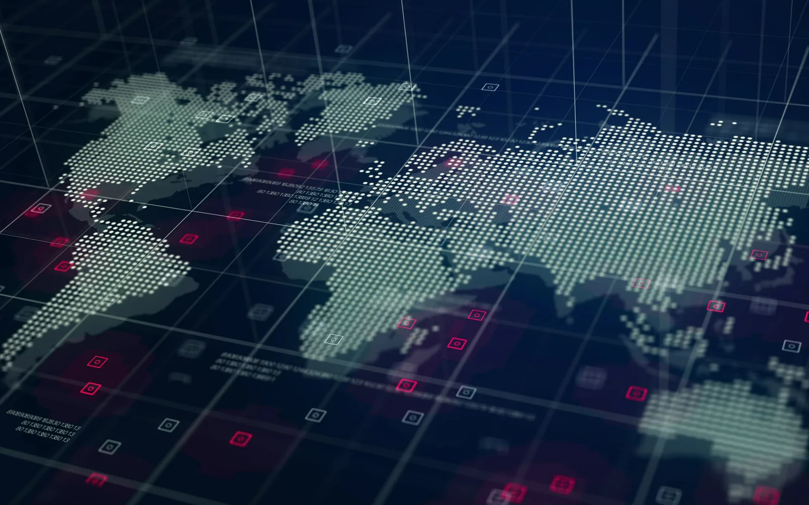 Digital world map with signal markers showing the Asia Pacific, Europe, Middle East and African regions Miniotec serves